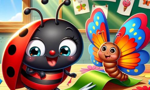 Illustration d'une coccinelle joyeuse, au dos rouge avec des points noirs, découpant des pétales colorés en papier sur une table. À ses côtés, un papillon multicolore, curieux, tient des ciseaux pour aider, tandis qu'un ver de terre marron, amical, montre son soutien. La scène se déroule dans une salle de classe lumineuse, décorée de dessins d'enfants, avec des papiers colorés éparpillés sur la table. Les trois amis collaborent pour créer un jardin de fleurs en papier, illustrant l'esprit d'équipe et l'amitié, entourés de ciseaux, de colle et de fleurs en papier.