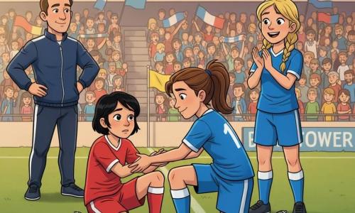 Louisa, joueuse de football d’environ 16 ans, cheveux bruns en queue de cheval, visage déterminé et sourire apaisé, maillot bleu vif, protège-tibias blancs, s’agenouille pour aider une adversaire à se relever, montrant bienveillance; Nora, sa meilleure amie (~16 ans), cheveux blonds en tresse, même maillot, applaudit derrière elle; l’adversaire aidée (~17 ans), tenue rouge et cheveux noirs courts, semble soulagée et un peu gênée en s’accrochant au bras de Louisa; un entraîneur (~40 ans) mãos sur les hanches regarde la scène depuis la touche; en arrière-plan, stade avec pelouse verte, lignes blanches, tribunes animées et drapeaux d’écharpes, lumière douce de fin d’après-midi; moment de fair-play dans un match serré, style graphique lumineux à couleurs saturées et contours nets, expressions claires pour enfants.