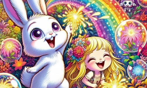 Dans un jardin magique de Glimopolis, un petit lapin nommé Lumo chante joyeusement, faisant danser des plantes colorées. À ses côtés, une petite fille nommée Luna, avec des cheveux dorés et une robe à motifs floraux, plante des graines brillantes. Le jardin est rempli de bulles de verre contenant des plantes lumineuses, et des petits robots arrosent les fleurs avec de la pluie colorée. Lumo et Luna partagent un moment de bonheur en cultivant ensemble des graines magiques qui illumineront leur ville.