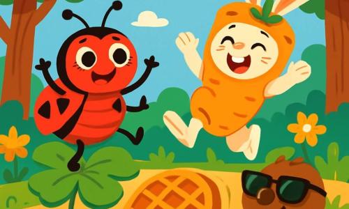 Bibi, la coccinelle aux taches triangulaires, est perchée sur une feuille de trèfle, avec des yeux pétillants et un grand sourire. Elle danse en battant des pattes au rythme d'une musique imaginaire. À côté, Rémi le lapin, déguisé en carotte géante, saute en riant, tandis que Mireille la taupe, avec ses grandes lunettes de soleil, applaudit en se dandinant. La scène se déroule dans la forêt enchantée du Bois de Sucrerie, avec des arbres hauts et des fleurs colorées. Bibi et ses amis participent à la Course à la Gaufre, où une gaufre géante provoque rires et situations cocasses.
