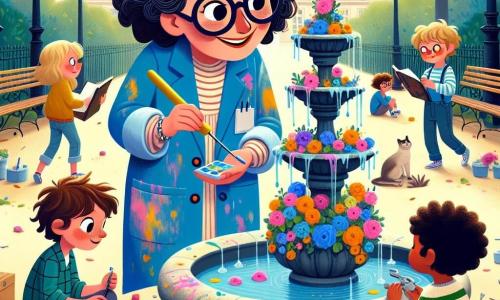 Madame Zoé, une femme d'une cinquantaine d'années aux cheveux bouclés et lunettes rondes, sourit avec enthousiasme, entourée de ses outils colorés. Elle porte une blouse bleue tachée de peinture et tient un tournevis, regardant la fontaine avec détermination. À ses côtés, Lila, une fille de 10 ans aux cheveux longs et bruns, observe avec curiosité son carnet de croquis dans les bras. Sami, un garçon de 9 ans avec des lunettes carrées, examine la fontaine penché en avant, tandis qu'Hugo, un garçon de 8 ans en t-shirt rayé, ramasse des petits outils éparpillés. La scène se déroule dans le parc de Pommeval, où une fontaine en pierre, ornée de fleurs colorées, est silencieuse et sans eau, entourée de rires d'enfants et de chants d'oiseaux. Tous réfléchissent ensemble pour trouver une solution afin de réparer la fontaine, leurs visages illuminés par l'excitation de l'invention.