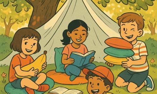 Quatre enfants dans un coin lecture sous un vieux tilleul : Léa (fille, ~9 ans, cheveux bruns courts) est assise à gauche avec un coussin jaune en forme de banane, Tom (garçon, ~10 ans, t-shirt rayé) est à droite en train d’empiler des coussins en faisant un clin d’œil, Yasmina (fille, ~9 ans, peau olive, queue de cheval) est au centre, confortablement assise avec un coussin de soutien pour le dos en train de lire et sourire, et Hugo (garçon, ~9 ans, peau mate, casquette rouge) est allongé à l’avant racontant une blague et touchant un coussin moelleux; le jardin est lumineux, herbe douce et fleurs, un drap tendu forme une tente, ambiance chaleureuse et intime.