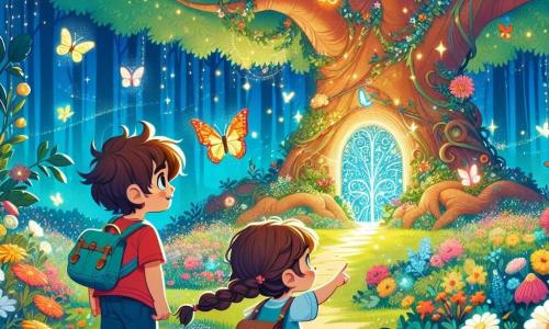 Dans un jardin enchanté, Léo, un garçon de 7 ans aux cheveux bruns en bataille et t-shirt rouge, admire un grand arbre géant. À ses côtés, Mia, une fille de 6 ans avec des cheveux blonds tressés et une robe bleue à pois blancs, sourit en désignant un papillon coloré. Le jardin est rempli de fleurs éclatantes et de papillons. Au loin, une porte magique scintillante se distingue, entourée de lianes et de fleurs lumineuses. Les deux amis sont prêts à grimper dans l'arbre pour découvrir la beauté du jardin d'en haut.
