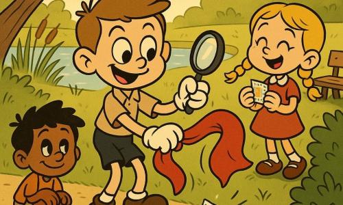 Un garçon de 6 ans enthousiaste et concentré, cheveux châtain clair, secoue une écharpe rouge et tient une loupe pendant qu’un petit ticket blanc à motifs tombe au sol; à droite, Zoé, 5 ans, soulagée et joyeuse, cheveux blonds en nattes, joue avec son ticket de cantine; à gauche, Léo, 6 ans, fier et calme, cheveux noirs en bataille, accroupi près d’un tas de sable; cour d’école au bord d’une berge avec herbe haute, joncs, tronc incliné et petite rivière scintillante, lumière chaude du matin, couleurs vives et contours arrondis style cartoon rétro.