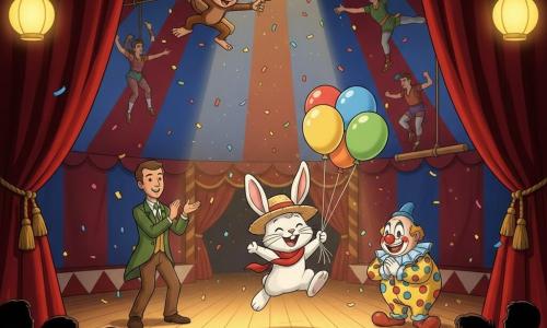 Un petit lapin blanc joyeux et fier, grandes oreilles, chapeau de paille beige de travers et écharpe rouge, tenant des ballons colorés et sautillant au centre; derrière lui à gauche Max, adulte à peau claire en veste verte et pantalon marron, souriant et applaudissant; au-dessus Coco, petit singe brun joueur, balançant un dernier ballon; à droite, un clown rond au grand nez rouge en costume à pois, faisant une révérence; en arrière-plan, acrobates sur trapèzes et jongleurs floutés, le tout dans un chapiteau rayé rouge et bleu avec lampions, rideaux de velours rouges, plancher en bois et rangées d'enfants applaudissant; atmosphère festive et lumineuse, confettis et lumière chaude centrée sur le lapin qui a sauvé le spectacle.