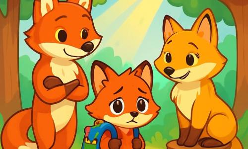 Petit Renard, un jeune renard à la fourrure rousse, se tient au centre de l'image, le regard pensif et triste, avec de grands yeux brillants. Il porte un petit sac à dos coloré rempli de trésors, et ses oreilles sont légèrement baissées, montrant son inquiétude. À sa droite, Maman Renarde, au pelage doux et doré, le regarde avec un sourire réconfortant, prête à l'écouter. À sa gauche, Papa Renard, au pelage rouge vif, se tient debout, les pattes croisées, affichant une expression douce et encourageante. La scène se déroule dans une forêt enchantée, avec des arbres aux feuilles vertes et des fleurs colorées, créant une atmosphère chaleureuse. Petit Renard est entouré de ses parents, partageant un moment d'écoute et de réconfort, illustrant l'amour familial.