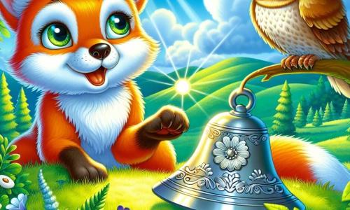 Illustration d'un petit renard aux yeux brillants et à la fourrure orange, assis sur une colline verdoyante, affichant une expression de curiosité en regardant une cloche en argent ornée de motifs floraux, qui brille au soleil. Non loin, une chouette aux plumes brunes et blanches, perchée sur une branche, observe avec bienveillance. La scène se déroule dans une clairière ensoleillée, entourée d'arbres majestueux et de fleurs colorées, sous un ciel bleu parsemé de nuages. Le renard touche la cloche, qui émet une douce mélodie, tandis qu'il écoute la voix magique qui en émane. Des rayons de lumière filtrent à travers les branches, créant une atmosphère enchantée, avec des animaux curieux comme des écureuils et des oiseaux s'approchant pour écouter.