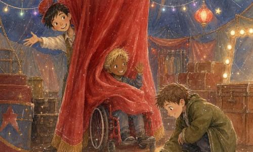 Trois garçons d’environ 10–11 ans : Félix (≈10 ans, cheveux bruns en bataille, veste vert olive trop grande, accroupi à droite, fait rouler une petite bague dorée sur la piste), Mathieu (≈11 ans, cheveux blonds ébouriffés, fauteuil roulant rouge, presque entièrement sous un grand rideau de velours rouge au centre — seules sa tête et ses épaules dépassent — il sourit et lève la main) et Noé (≈10 ans, grand et mince, cheveux noirs courts, chapeau cerise de travers, à gauche du rideau coincé entre deux plis, un bras tendu vers le public, sourire complice). Intérieur d’un chapiteau de cirque : sol de terre battue, lumière chaude de lampions, loges et malles en arrière-plan, guirlandes et étoiles phosphorescentes au plafond, grand rideau rouge tombé au premier plan. Scène comique et chaleureuse où le rideau enveloppe les trois amis, le public des coulisses rit doucement, la bague roule vers Mathieu et règne une ambiance de désordre joyeux et d’entraide.