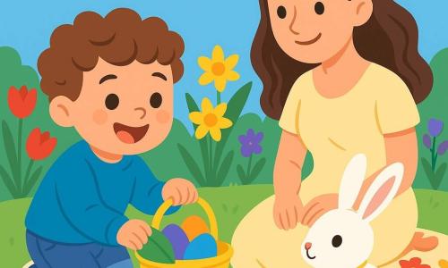 Un petit garçon de 2 ans, avec des cheveux bouclés et des yeux pétillants, porte un pull bleu et un short en jean. Accroupi dans le jardin, il sourit en tenant un panier jaune rempli d'œufs colorés. Sa maman, une femme d'environ 30 ans avec des cheveux longs et bruns, regarde son fils avec tendresse, assise sur une couverture à fleurs. Un lapin blanc avec une clochette observe le garçon avec curiosité. Le jardin est rempli de fleurs éclatantes : tulipes rouges, jonquilles jaunes et violettes. Le ciel est bleu avec quelques nuages. Dans cette scène joyeuse, le garçon découvre un œuf vert sous une feuille, tandis que le lapin semble prêt à bondir, ajoutant de la magie à ce moment de chasse aux œufs de Pâques.