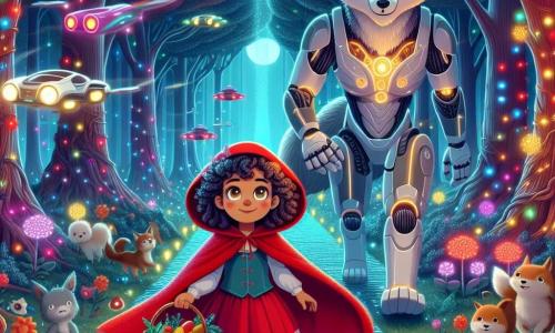 Le Petit Chaperon Rouge, une fillette de 8 ans aux cheveux bouclés et aux yeux pétillants, porte une cape rouge et un panier de nourriture. Elle sourit curieusement en marchant dans une forêt futuriste illuminée par des LED colorées. À ses côtés, un loup robot amical, avec un pelage argenté et des yeux lumineux, la guide avec protection. En arrière-plan, des arbres étranges et des fleurs luminescentes entourent des voitures volantes, tandis que des hologrammes d'animaux dansent. La scène montre le Petit Chaperon Rouge discutant avec le loup robot, pointant un hologramme d'un livre sur l'égalité des genres, tandis que celui-ci écoute attentivement.