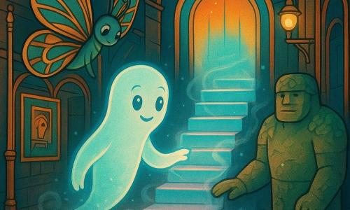 Gliss, être de lumière et de brume flottant au‑dessus des pavés, tend une main lumineuse vers un escalier secret qui apparaît et s'ouvre sur une porte de lumière multicolore ; l'escalier a des marches de verre luminescentes bordées d'un halo bleu‑rose et des volutes de brume scintillante autour des contremarches, Lumix, créature ailée type papillon géant aux ailes irisées et motifs géométriques dorés, est perché à gauche sur une arche lumineuse, Stal, gardien de pierre et mousse, large et tranquille, pose une main rassurante sur le bas de l'escalier à droite au bord de la rue pavée ; la scène se situe dans une ruelle urbaine fantastique aux pavés brillants, néons art déco ambre et turquoise, arches métalliques, affiches rétro et lampadaires en laiton d'où s'élèvent de fines volutes de brouillard luminescent, ambiance magique et rassurante, éclairage doux, composition centrale, couleurs chaudes et contrastes doux, style clair, sans texte, format paysage.