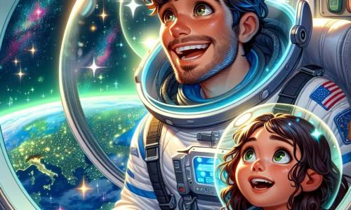 Hugo, un jeune homme de 25 ans, se tient dans un vaisseau spatial, vêtu d'une combinaison d'astronaute blanche et bleue, avec un casque transparent. Son visage exprime une immense joie en regardant à travers un hublot, découvrant les étoiles scintillantes et la Terre en dessous. À ses côtés, Clara, une fille de 10 ans aux cheveux bouclés, partage également cette émerveillement. Le vaisseau flotte dans l'espace, entouré d'un fond noir parsemé d'étoiles et de nébuleuses colorées, tandis que la Terre, avec ses continents verts et océans bleus, ajoute une magie à la scène. Hugo et Clara, émerveillés, vivent un moment de découverte et de rêve, prêts à explorer l'univers.