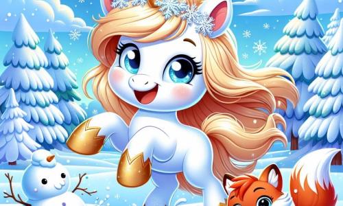 Flocon, une licorne aux crins dorés et aux yeux joyeux, saute dans la neige fraîche, laissant des empreintes délicates. Elle sourit, ses sabots scintillant au soleil d'hiver. À ses côtés, Feuille, un petit renard roux aux yeux malicieux, se roule dans la neige, riant avec enthousiasme. Le décor est une forêt enchantée, avec des arbres couverts de neige et un ciel bleu parsemé de nuages. La scène montre Flocon et Feuille jouant dans la neige, créant des bonhommes de neige et capturant l'esprit joyeux de l'hiver.