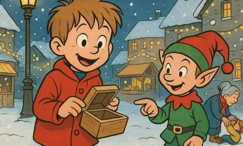Un garçon de 6 ans aux cheveux châtain clair en bataille, visage souriant et émerveillé, portant un manteau rouge et des bottes bleues, tient une petite boîte en bois tiède et tire un papier au centre d'une place de village enneigée la nuit ; à côté de lui, un lutin farceur en vert et rouge, bonnet pointu et yeux malicieux, pointe la boîte en riant, tandis qu'en arrière-plan Mme Colette, une femme d'environ 60 ans aux cheveux gris en chignon et écharpe rayée, aide un enfant près d'un banc ; lampadaires dorés coiffés de bonnets rouges, maisons en pierre aux toits enneigés, guirlandes et marchés de Noël en bois, flocons scintillants et ambiance chaleureuse déterminent le moment où ils décident d'une farce douce ou d'un acte d'entraide.