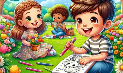 Lucas, un garçon de 8 ans aux cheveux bruns en bataille et aux yeux pétillants, est assis sur l'herbe du parc, entouré de fleurs colorées. Il sourit en tenant des crayons de couleur, prêt à dessiner un arbre en fleurs. À côté de lui, Sophie, 7 ans, avec des cheveux blonds tressés et une robe à fleurs, admire son dessin avec son carnet de croquis. Un peu plus loin, Timothée, 8 ans, aux cheveux châtains et en t-shirt rayé, dessine un arc-en-ciel, concentré et souriant. Le parc est lumineux, avec des tulipes éclatantes, des arbres en fleurs et un ciel bleu parsemé de nuages. Un ruisseau scintille au loin et des oiseaux chantent dans les branches. La scène illustre un concours de dessin sur le thème du printemps, où Lucas et ses amis partagent rires et amitié.