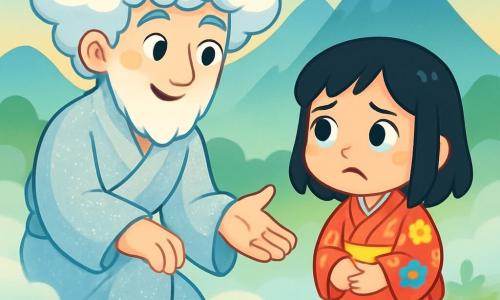 Kumo, l’Esprit du Brouillard, est un homme aux cheveux nuageux et au kimono argenté scintillant. Il a un visage doux et bienveillant, avec des yeux pétillants de curiosité. Il s'agenouille dans une brume légère, tendant la main pour rassurer Hana, une petite fille de six ans, portant un kimono fleuri aux couleurs vives. Elle a des cheveux noirs brillants et des yeux remplis de larmes et d'espoir, cherchant son chaton perdu. La scène se déroule dans un champ verdoyant, enveloppé d'une brume douce, avec des montagnes à l'horizon et des fleurs colorées. Kumo et Hana cherchent ensemble le chaton Tora, perdue dans la brume, avec de l'espoir dans leurs yeux.