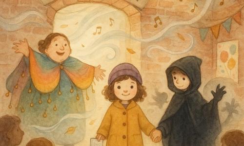 Lila, 6 ans, au bonnet violet et manteau moutarde, sourit calmement au centre en tenant une petite invitation argentée et la main d’un camarade; à sa droite, Artiste de l’Ombre, garçon d’environ 9 ans en large cape noire et capuche, esquisse des silhouettes d’ombre, tandis que Madame Clochette, femme ronde d’environ 50 ans en cape arc-en-ciel couverte de clochettes, accueille les enfants à l’entrée de la « Salle du Vent », une ancienne réserve en briques rouges aux lampes chaudes, poutres apparentes et clochettes suspendues; un courant d’air est figuré par un tourbillon de rubans, feuilles et notes dorées qui effleurent les rideaux sans déranger la fête, où les enfants forment un demi-cercle et les ombres dansent au rythme des tintements.