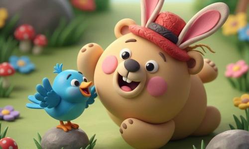 Une ourse ronde et douce en pâte à modeler beige clair aux joues roses et aux yeux ronds brillants, avec une expression joyeuse, porte un vieux chapeau rouge texturé et de grandes oreilles de lapin en carton peint en rose ; elle est allongée sur le dos, pattes en l'air et chapeau de travers, en train de se relever après être tombée. À côté, un petit oiseau bleu vif, lisse et brillant, perché sur une petite pierre, a l'air hilare et regarde l'ourse. Le décor est une clairière printanière d'herbe verte texturée, fleurs colorées en pâte polie, quelques champignons rouges et une grosse pierre grise sculptée ; l'ambiance est lumineuse et tendre, lumière douce du matin et ombres légères, composition centrée sur le moment comique et chaleureux.