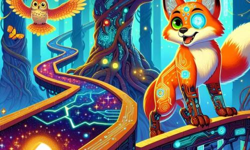 Oren, un renard cybernétique aux poils orange éclatant et à la queue de cuivre scintillante, se tient au bord d’un pont lumineux, son œil gauche en quartz poli brillant d’excitation et de détermination. Il regarde intensément la faille d’où s’échappent des éclats de lumière et d’ombre, prêt à affronter l’inconnu. À ses côtés, Gilla, une chouette aux plumes tachetées de circuits argentés, déploie ses ailes avec émerveillement et inquiétude, flottant légèrement au-dessus du sol. Ils se trouvent dans une forêt magique, où des arbres géants aux troncs luminescents s’élèvent vers le ciel étoilé, et des lianes phosphorescentes serpentent autour des branches, créant une atmosphère de mystère et d’aventure. Oren et Gilla sont sur le Pont d’Équilibre, un chemin scintillant qui traverse une faille béante, entourés d’éclats de lumière et d’ombres, symbolisant le déséquilibre entre magie et science qu’ils doivent rétablir.