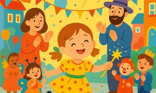 Zoé, 4 ans, rayonnante en robe jaune à pois rouges et rubans verts, tient une baguette brillante et fait une grande révérence en sautillant ; sa mère (30–35 ans) lui tient la main droite et applaudit, le père (30–40 ans) en arrière-plan avec chapeau violet et barbe sourit et applaudit, plusieurs enfants déguisés (papillons, clowns, princesse, 3–7 ans) forment une ligne derrière elle en dansant et applaudissant ; rue pavée bordée de maisons colorées, guirlandes, ballons, drapeaux et confettis, bulles de savon translucides flottent autour de Zoé, éclairage doux et ensoleillé, couleurs saturées, composition centrée sur Zoé, style affiche enfantine aux larges aplats et contours doux.