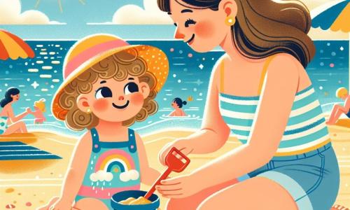 Lila, une petite fille de 2 ans aux grands yeux brillants et cheveux bouclés, est assise sur le sable doré de la plage, vêtue d'un maillot de bain coloré et d'un chapeau de soleil. Elle sourit joyeusement en éclaboussant l'eau avec une petite pelle rouge. À ses côtés, sa maman, une femme d'environ 30 ans aux cheveux longs et bruns, est agenouillée, riant et tenant un seau bleu, partageant ce moment de bonheur. En arrière-plan, la mer scintille sous le soleil avec des vagues douces, des parasols colorés et des familles profitent de la journée, tandis que le ciel est bleu avec quelques nuages. Lila construit un château de sable entourée de coquillages, sa maman l'encourageant, créant des souvenirs d'une belle journée d'été à la plage.
