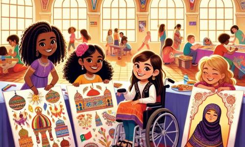 Au centre de l'image, Mia, une fille de douze ans aux cheveux bruns et bouclés, sourit en tenant une affiche colorée avec des motifs espagnols. À sa gauche, Lila, d'origine indienne, est en fauteuil roulant, vêtue d'une robe traditionnelle et montrant une affiche avec des motifs indiens. À droite, Amina, avec des cheveux frisés et une peau caramel, porte un foulard coloré et tient une affiche berbère. Enfin, Chloé, d'origine italienne, dessine des éléments de la culture italienne. La scène se déroule dans un grand hall coloré d'un centre culturel, orné de guirlandes et de tables avec des plats variés. La lumière du soleil illumine l'espace animé par des rires. Les filles collaborent avec enthousiasme sur leurs affiches, symbolisant l'unité dans la diversité, dans une ambiance joyeuse et festive.