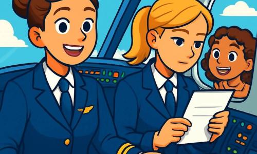 Une femme pilote, Capucine, 35 ans, avec des cheveux châtains en chignon, porte un uniforme bleu marine impeccable et affiche un sourire déterminé dans le cockpit d'un avion. À ses côtés, sa copilote Anaïs, 30 ans, avec des cheveux blonds en queue de cheval, consulte une check-list. En arrière-plan, Zoé, 11 ans, avec des cheveux bouclés, est fascinée par les instruments, le nez collé au hublot. Le cockpit est lumineux avec des panneaux de contrôle scintillants et une vue sur le ciel bleu et des nuages. Capucine et Anaïs préparent le décollage tandis que Zoé admire la vue, excitée par l'aventure du vol.