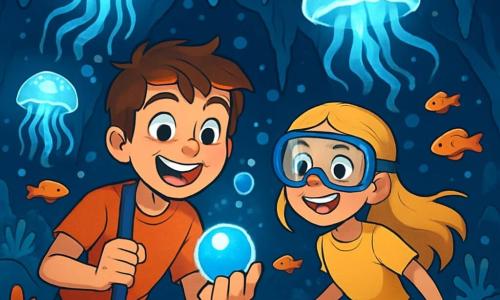 Lucas, un garçon de 12 ans aux cheveux châtains et aux yeux curieux, nage sous l'eau, émerveillé par des méduses lumineuses. Son visage exprime une joie intense, tenant un tuba d'une main et une perle bleue de l'autre. À ses côtés, Zoé, aussi âgée de 12 ans avec des cheveux longs et blonds, sourit derrière son masque de plongée, observant des poissons multicolores. Ils évoluent dans une caverne sous-marine, entourés de corail scintillant et d'anémones géantes, tandis que la lumière des méduses et de la perle crée une atmosphère magique. Lucas et Zoé explorent ce monde fascinant, découvrant des trésors cachés et vivant une aventure inoubliable.