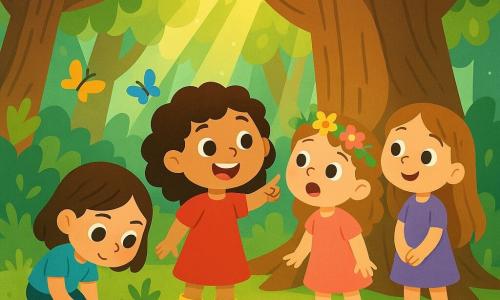 Quatre petites filles de 8 ans se tiennent dans une forêt enchantée. Lou, courageuse, au centre, porte une robe rouge et des bottes jaunes, souriante et pointant vers un grand chêne. Mia, à sa droite, avec une couronne de fleurs et une robe rose, est émerveillée par les arbres. Zoé, maline, à gauche en t-shirt bleu et short, scrute le sol. Emma, douce, en robe violette, est légèrement en arrière, timide mais souriante. La forêt est magique, avec de grands arbres, des feuilles brillantes et des rayons de soleil. Des fleurs et des papillons ajoutent à la magie. Les filles cherchent une noix magique perdue et viennent de découvrir une lumière scintillante au pied du chêne, les excitant.