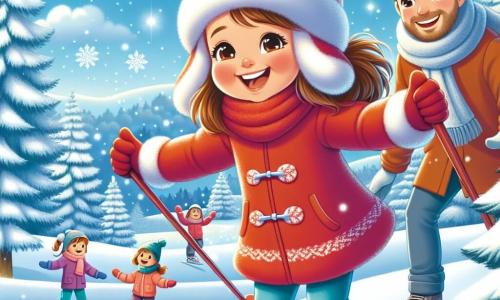 Célia, une petite fille de 7 ans aux longs cheveux bruns et joues roses, porte un manteau rouge, un bonnet assorti et des gants. Elle sourit avec des yeux pétillants d'excitation en glissant sur une colline enneigée avec ses skis. Son papa, un homme d'environ 35 ans avec une barbe légère et un bonnet bleu, l'encourage avec fierté, prêt à l'aider si nécessaire. Le décor est une belle journée d'hiver, avec des arbres enneigés, un ciel bleu clair et des flocons de neige. En arrière-plan, des enfants patinent sur un lac gelé. Célia dévale la colline, les bras ouverts, tandis que son papa l'observe, créant une atmosphère de bonheur familial.