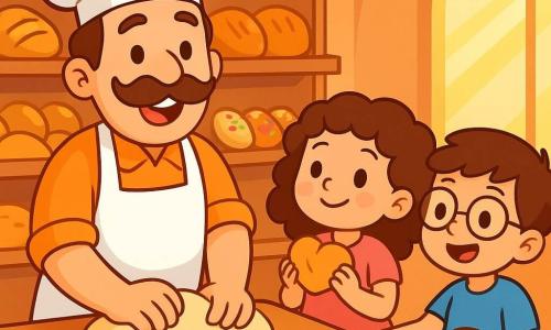 Un boulanger souriant avec une moustache brune pétrit de la pâte dans sa boulangerie, tandis qu'une petite fille de 7 ans, émerveillée, tient un petit pain en forme de cœur. Un garçon de 6 ans, portant des lunettes, désigne un éclair au chocolat sur la table. La boulangerie est accueillante, avec des étagères pleines de pains et de pâtisseries, baignée de lumière dorée. Le boulanger et les enfants partagent un moment de bonheur dans une ambiance délicieuse.