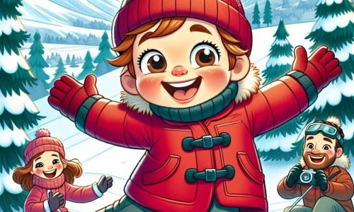 Un garçon de 7 ans, Paul, avec des cheveux châtains et des joues roses, porte un manteau rouge, un bonnet en laine et des gants. Il sourit avec excitation en glissant sur une pente de ski enneigée, les skis parallèles et les bras écartés pour garder l'équilibre. À ses côtés, son papa, un homme d'une trentaine d'années avec une barbe brune et des lunettes, l'encourage, vêtu d'une veste bleue et d'un bonnet noir. Sa maman, une femme aux cheveux bruns attachés en chignon, prend des photos avec un appareil photo, rayonnante dans son manteau rose. Le décor est une station de ski pittoresque, entourée de sapins recouverts de neige et de montagnes majestueuses sous un ciel bleu clair, avec des flocons de neige tombant doucement. Paul découvre la joie du ski pour la première fois, tandis que ses parents l'encouragent et célèbrent ses progrès.
