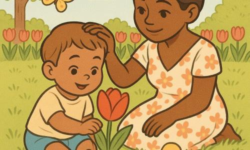 Garçon de 2 ans au visage rond et cheveux châtain clair, assis pieds nus sur l’herbe en touchant une grande tulipe rouge tandis que sa mère d’environ 30 ans, cheveux bruns en chignon et robe légère à fleurs, l’observe en lui caressant la tête; un petit canard jaune nage dans un bassin proche, un papillon jaune à taches orange vole au-dessus des fleurs et une coccinelle grimpe sur une feuille, le tout dans un jardin printanier aux tulipes et à la pelouse douce, ambiance calme et couleurs chaudes.