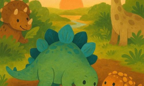 Un stégosaure calme et attendri creuse un nid avec sa queue pendant qu'un petit ankylosaure joyeux y met de la mousse ; un triceratops souriant offre des feuilles depuis un buisson à gauche et un brachiosaure bienveillant se tient au loin à droite au‑dessus des arbres ; lieu : creux terreux entouré de fougères, mousse et petites pierres, rivière claire en arrière-plan, lumière dorée du soir et ciel rose pâle ; situation : préparation collaborative et tendre d'un nid douillet pour pondre, atmosphère chaleureuse et sécurisante ; style : peinture gouache aux couleurs vives, textures visibles, traits simples et formes arrondies adaptés aux enfants de 4 ans.