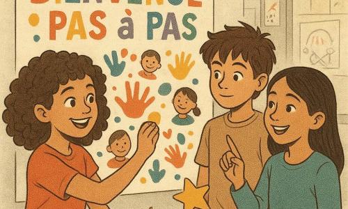 Lila, une fille de 10 ans avec des cheveux bruns bouclés et des yeux pétillants, sourit en collant des gommettes colorées sur une grande affiche. Elias, un garçon de 10 ans aux cheveux en bataille et à la peau légèrement bronzée, observe curieusement à côté d'elle, tenant une étoile en papier. Samira, une fille de 10 ans avec des cheveux noirs et des yeux chaleureux, rit doucement en montrant un geste amical à Lila, debout à sa gauche. La scène se déroule dans une salle de classe lumineuse, avec des murs couverts de dessins d'enfants et des tables remplies de pots de peinture et de crayons. L'affiche 