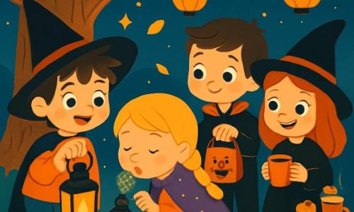 Quatre enfants sont réunis : Léo, un garçon de 5 ans aux cheveux bruns en bataille et grand chapeau pointu noir, tient une lanterne orange et regarde la lanterne cassée. Mia, une fille de 5 ans avec des cheveux blonds tressés et une cape scintillante, est accroupie à côté de lui, soufflant sur la lanterne. Un autre garçon, également âgé de 5 ans, avec des cheveux châtains et un costume de vampire, se tient à droite de Léo, curieux avec un sac de bonbons. Une fille de 5 ans, aux cheveux roux et en costume de sorcière, est debout à droite de Mia, souriant avec une tasse de chocolat chaud. Ils se trouvent dans une cour de jardin sous un grand chêne, éclairée par des lanternes orange et des étoiles dans le ciel nocturne, avec des feuilles dorées qui tombent. Les enfants travaillent ensemble pour réparer la lanterne cassée, créant une ambiance chaleureuse et amicale, pleine de magie d'Halloween.
