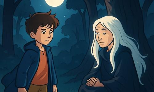 Un garçon de 12 ans, Antoine, se tient au centre d'une clairière, son visage curieux et déterminé. Il a des cheveux bruns en bataille et porte un manteau bleu foncé. Il observe une silhouette mystérieuse, l'esprit de la forêt, une femme éthérée d'environ 60 ans aux cheveux blancs brillants, qui le regarde avec douceur. La clairière est illuminée par la lune, entourée d'arbres sombres aux branches étendues vers le ciel. Antoine est prêt à écouter l'esprit, tandis que la brise fait frémir les feuilles, ajoutant au mystère de cette rencontre nocturne.