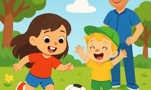 Une petite fille de 4 ans, avec de longs cheveux bruns et des yeux pétillants, porte un t-shirt rouge et un short bleu. Elle court avec enthousiasme pour frapper un ballon de football. À côté d'elle, Tom, un garçon de 4 ans aux cheveux blonds en bataille et casquette verte, l'encourage. Monsieur Paul, l'entraîneur souriant d'une trentaine d'années en tenue de sport bleue, les observe avec fierté. Le parc verdoyant est entouré d'arbres, d'un ciel bleu éclatant et de fleurs colorées. Léa frappe le ballon avec détermination, entourée de ses amis qui rient et s'encouragent, créant une atmosphère joyeuse.