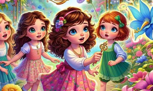 Quatre amies inséparables, Lila, Mia, Chloé et Zoé, se tiennent dans un jardin magique. Lila, aux cheveux bruns et bouclés, porte une robe rose et tient une clé dorée, les yeux brillants d'excitation. Mia, aux cheveux blonds, est en tunique bleue et sourit émerveillée. Chloé, aux cheveux roux et tressés, porte un short vert et pointe une fleur bleue chantante, curieuse. Zoé, aux cheveux châtains et frisés, est en robe jaune et s'approche de la fleur avec détermination. Le jardin enchanteur est rempli de fleurs colorées et de papillons, avec une grande porte en bois ornée de sculptures de créatures fantastiques, légèrement ouverte sur un monde magique. Les amies ont découvert une clé dorée qui pourrait ouvrir la porte vers des aventures extraordinaires, prêtes à affronter le Gardien des Secrets, un dragon aux écailles émeraude.