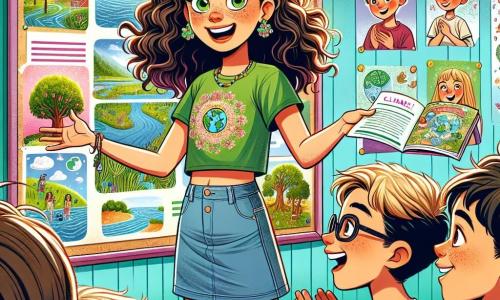 Une fille de 12 ans, Camille, aux cheveux bruns et bouclés, porte un t-shirt vert et un short en jean. Elle a un regard déterminé et joyeux, avec un grand sourire. Elle tient une affiche colorée sur le changement climatique, entourée de dessins d'arbres et de rivières. À ses côtés, son meilleur ami Paul, un garçon de 12 ans aux cheveux blonds et aux lunettes, tient une brochure et applaudit. Ils se trouvent dans une salle de classe décorée avec des affiches sur la protection de l'environnement, où des élèves écoutent leur présentation. Camille et Paul sensibilisent leurs camarades à l'importance de prendre soin de la planète, avec des expressions d'excitation et d'engagement.