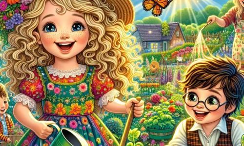 Une fillette de 7 ans, Emma, avec des cheveux bouclés et dorés, plante des graines dans son jardin magique. Elle porte une robe colorée et un chapeau de paille, son visage rayonnant d'excitation. À côté d'elle, son ami Lucas, également âgé de 7 ans, observe avec un arrosoir à la main, émerveillé par leur création. Sa maman, souriante, les encourage en tenant une pelle et un seau de compost. Le jardin est enchanteur, rempli de fleurs colorées, de légumes et de petits insectes. Emma et Lucas plantent des graines avec soin, entourés de la beauté de la nature et partageant des rires.