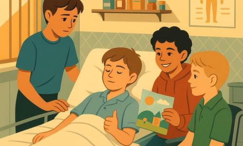 Quatre garçons entourent Léo malade dans l’infirmerie scolaire lumineuse : Yanis (~12 ans), cheveux bruns courts, T-shirt bleu, debout à gauche du lit la main sur l’épaule de Léo, regard inquiet mais calme ; Sami (~11 ans), cheveux bouclés noirs, sweat rouge, assis à droite du lit en tenant un dessin coloré, sourire malicieux ; Léo (~12 ans), cheveux châtains, pâle, en pyjama allongé au centre, couverture jusqu’à la taille, petite perfusion/thermomètre à côté, yeux mi-clos et pouce levé faiblement ; Tom (~12 ans), cheveux blonds courts, polo vert, en fauteuil roulant gris au pied du lit, air empathique et protecteur. L’infirmerie a des murs crème et carreaux mint, grande fenêtre avec rideau à rayures, armoire métallique, étagères avec boîtes et flacons, affiches pédagogiques, sol en lino beige et petite table roulante avec instruments visibles ; ambiance chaleureuse et rassurante, lumière dorée filtrant par la fenêtre, expressions attentionnées et gestes de soutien, palette pastel ponctuée de touches vives, composition centrée sur le lit, plans serrés, style art déco aux formes épurées et contours nets.