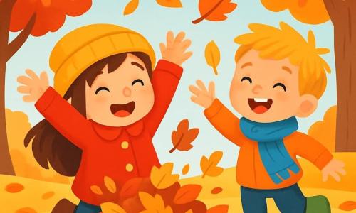 Il y a 2 personnages principaux : Léa, une petite fille de 6 ans aux longs cheveux bruns et aux yeux pétillants, portant un manteau rouge et un bonnet jaune, qui saute joyeusement dans un tas de feuilles, et Tom, un petit garçon de 5 ans avec des cheveux blonds en bataille et un sourire éclatant, vêtu d'une écharpe bleue et de bottes vertes, riant à ses côtés en lançant des feuilles en l'air. L'action se déroule dans un parc d'automne avec des arbres aux feuilles rouges, oranges et jaunes, et un sol recouvert de feuilles croustillantes, sous un ciel gris clair. Léa et Tom jouent ensemble, riant alors que les feuilles volent autour d'eux.