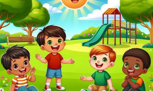 Quatre garçons jouent ensemble dans un parc verdoyant. Léo, 8 ans, montre à Sami, également 8 ans, comment faire une roue. Max, 7 ans, applaudit assis sur l'herbe, tandis que Tom, 9 ans, danse à côté de Léo. Sami, d'origine arabe, danse joyeusement. Le parc est rempli de fleurs et d'arbres, avec un ciel bleu et un soleil brillant. Les garçons, main dans la main, forment une ronde, célébrant leur amitié et la tolérance.