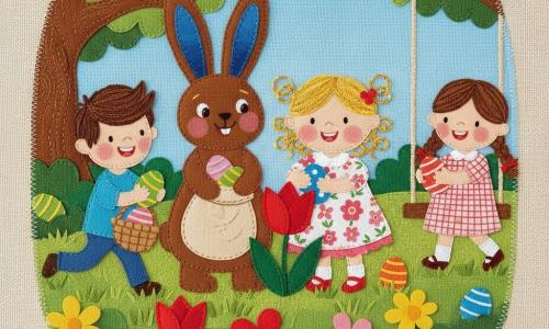 Une joyeuse chasse aux œufs en tissu : une fillette de 4 ans aux boucles dorées cache un œuf bleu à pois sous une tulipe rouge en feutrine, un grand lapin de Pâques chocolat aux oreilles doublées de velours bleu tient un sac beige rempli d’œufs colorés près d’elle, un garçon d’environ 6 ans aux cheveux bruns en laine court avec un panier en osier brodé et un œuf vert rayé, une petite fille d’environ 5 ans aux couettes tressées et robe à carreaux montre un œuf à pois près d’une balançoire en bois cousue, le tout dans un jardin fait de tissus superposés — pelouse en feutre, fleurs découpées, vieux chêne brodé et ciel en coton — avec textures de couture et petits points de broderie visibles.