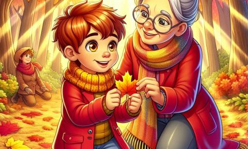 Un garçon de 10 ans, Malo, aux cheveux châtains et aux yeux curieux, est accroupi sur un tapis de feuilles d'automne. Il porte un manteau rouge et une écharpe jaune, souriant en tenant une feuille d'érable dorée. À ses côtés, sa grand-mère Mamie Jeanne, une femme âgée aux cheveux gris en chignon et lunettes rondes, lui montre une couronne de feuilles qu'elle a fabriquée. Le décor est une forêt enchantée avec des arbres aux couleurs chaudes et un sol tapissé de feuilles mortes, où des rayons de soleil filtrent à travers les branches. Malo et Mamie Jeanne partagent un moment joyeux, explorant ensemble les trésors de la nature en automne.