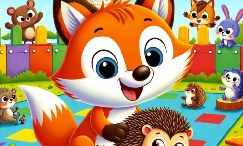 Un renard nommé Félix, au pelage orange et à la queue touffue, sourit en tenant la patte d'un hérisson nommé Hugo, qui a un dos piquant et des yeux timides. Ils sont sur un terrain de jeu coloré, entouré d'arbres et de fleurs, où d'autres animaux jouent. Une chouette sage, assise sur une branche, les observe avec bienveillance. Félix et Hugo s'apprêtent à jouer à cache-cache, encouragés par leurs amis.