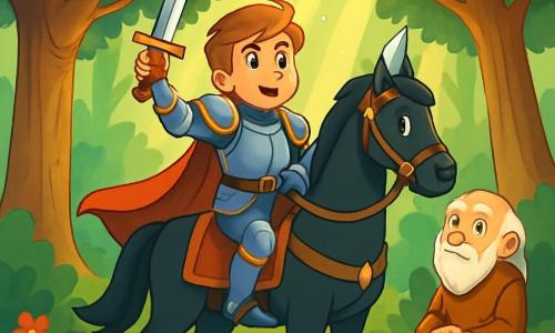 Un jeune chevalier nommé Léo, âgé d'environ 20 ans, se tient sur son destrier noir, vêtu d'une armure brillante ornée de motifs dorés. Son visage montre une détermination courageuse, et il brandit une épée étincelante, prêt à partir à l'aventure. À ses côtés, un vieux sage aux cheveux blancs, d'environ 70 ans, est assis sur un rocher, le regard bienveillant. La scène se déroule dans une forêt enchantée, avec des arbres majestueux et des fleurs colorées. Léo est déterminé à s'engager dans la forêt pour sauver son ami Tristan, capturé par le duc Morvan, dans une atmosphère à la fois mystérieuse et pleine d'espoir.