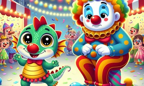 Un petit dragon nommé Pipo, avec des écailles vertes et un grand sourire, porte un costume de clown coloré et danse joyeusement dans une rue animée, entouré de confettis. À côté de lui, un clown géant, triste, cherche son nez perdu, accroupi avec espoir. La rue festive est décorée de guirlandes lumineuses et de ballons, avec des enfants riant et jouant en costumes colorés. Pipo cherche le nez rouge du clown géant, encouragé par les autres enfants.