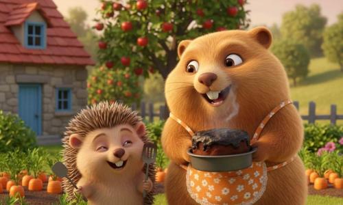 Margot, une marmotte ronde et duveteuse au pelage brun clair et aux joues rosées, sourit en tenant d'une patte un moule à gâteau fumant ; elle porte un petit tablier à fleurs orange. Henri, un petit hérisson aux piquants doux et à l'air taquin, rit en tenant une spatule et se tient légèrement en arrière à gauche. Autour d'eux, un jardin de campagne coloré avec des rangées de carottes, un pommier bas, des noisettes tombées et une petite maison de pierre à fenêtre bleue baigné par la chaude lumière d'une fin d'après-midi ; le gâteau est tout noirci dans le moule, une fumée légère s'élève, ambiance joyeuse, couleurs vives et textures douces, composition centrée et lisible pour un jeune enfant.